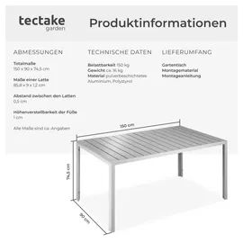 Tectake Gartentisch 150 x 90 x 74,5 cm Silber/Grau