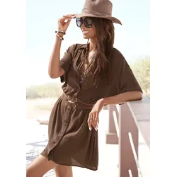 Lascana Longbluse – Braun Crêpe, 100% Viskose, kurze Länge, Kurzarm mit Aufschlag
