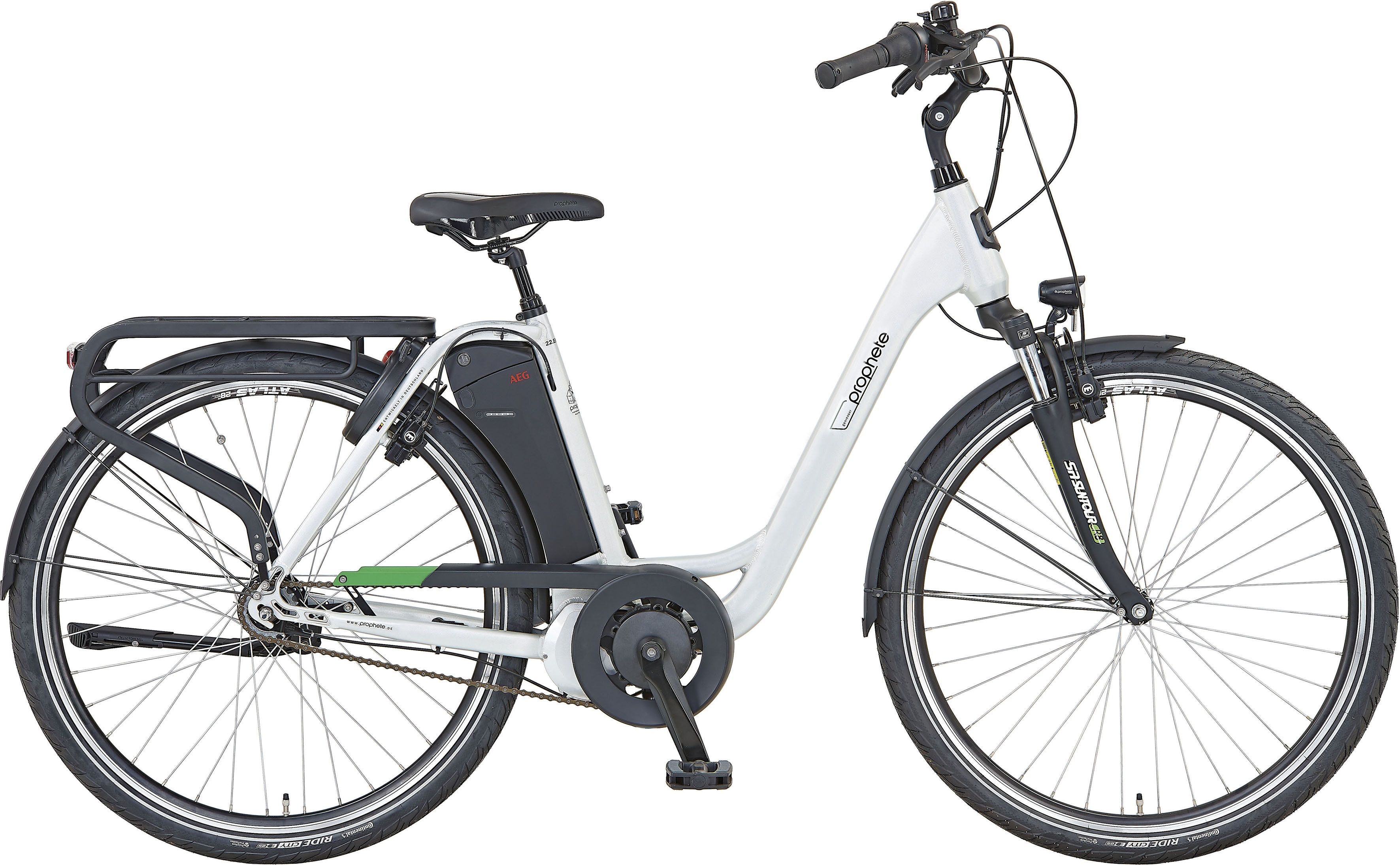 E-Bike PROPHETE "GENIESSER 23.EMC.10" E-Bikes Gr. 49 cm, 28 Zoll (71,12 cm), weiß (smaragd, silberfarben) E-Bikes
