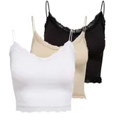 Only Damen Cropped-Top 3er Pack - ONLVICKY LACE SEAMLESS CROPPED TOP, Trägertop, Spitze Schwarz/Weiß/Beige L/XL