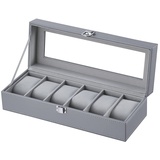 LINGFANSTORE Uhrenbox Uhrenkasten, Uhrenbox Herren für 6 Uhren, mit Glasfenster, Uhren Aufbewahrung aus PU Leder und Samt, von Uhren und Schmuck Aufbewahrung(Grau-W04G)