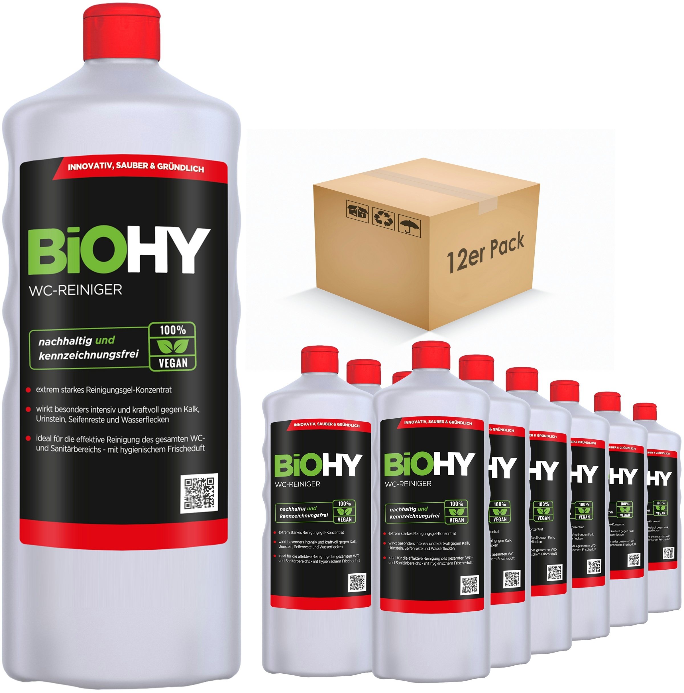 BiOHY WC-Reiniger (12x1l Flasche) | EXTRA STARK | Profi bio Konzentrat | Dickflüssiges Reinigungs-Gel | Ideal gegen Urinstein