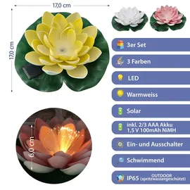 Cepewa LED Seerose 3er Set Kunststoff Ø17x6cm Akku Solar gelb/weiß/rosa