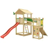 Jungle Gym Spielturm JUNGLE GYM "Fortress", rot, Spieltürme, KinderB:373cm H:318cm T:397cm, Holz, Spielanlage mit 2 Türmen, Brücke und Rutsche mit Wasseranschluss, B:373cm H:318cm T:397cm