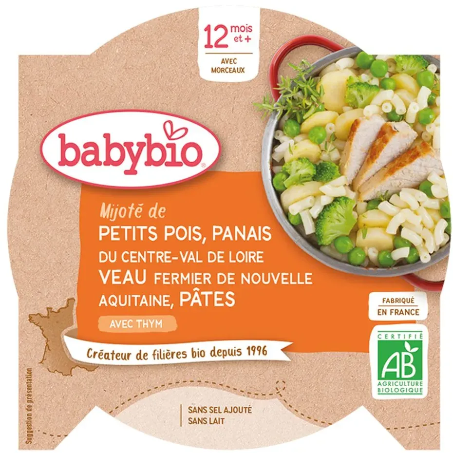 Babybio Mijoté DE Petits Pois Panais DU Centre-Val DE Loire Veau Fermier DE Nouvelle-Aquitaine Pattes AU Thym ab 12 Monate