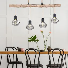 GLOBO LED Hängeleuchte Esszimmerlampe Deckenleuchte Pendellampe, Holz Balken, Hanfseil, Retroleuchte Vintage Rustikal, 4-Flammig, 4x E27 Filament LED warmweiß, Länge 100 cm