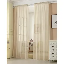 Woltu 2er-Set Gardinen transparent mit Kräuselband Leinen Optik sand 140x245 cm - Woltu