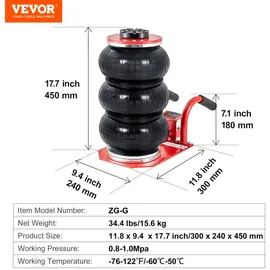 Vevor Pneumatischer Wagenheber Triple Bag Air Jack 3 t, Dreifachbeutel-Luftheber 140-450 mm Hubhöhe Airbag-Luftwagenheber, 5 Minuten Hub Luftheber mit kurzem Griff, Wagenheber Rot Arbeitssparend