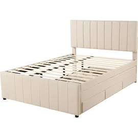 Flieks Polsterbett mit Unterbett, Doppelbett Jugendbett mit Lattenrost und Schubladen, Kinderbett Holzbett Gästebett Tagesbett 140x200/90x190cm, L... - Beige