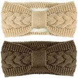 Telgoner Stirnband Damen Winter, 2 Pcs Stirnbänder Strick, Haarband Ohrenwärmer Elastische, Haarbänder Verdicken Headwrap Kopfband für Damen/Frauen/Mädchen (Beige + Khaki)