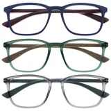 OPULIZE Max Lesebrille 3er Pack - Klassische große rechteckige Fassung - Brillen in mattem Blau, Grün und Grau - Herren Damen Unisex - RRR78-367 - +1,00