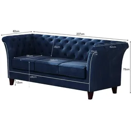 s-style möbel CHESTERFIELD-SOFA 3-Sitzer Fusion Blau Samt