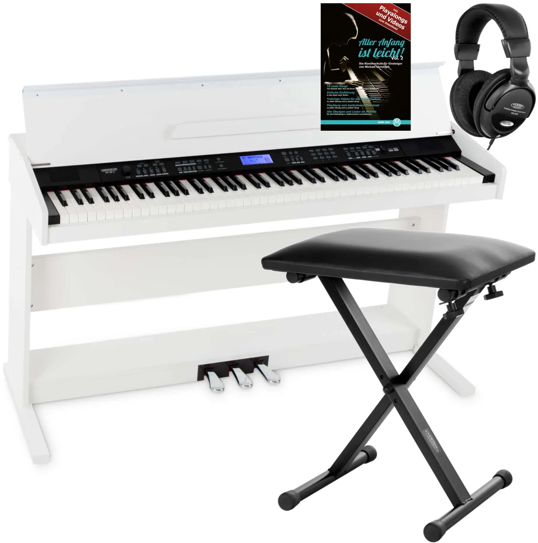 FunKey DP-88 II Digitalpiano weiß Set mit Economy Keyboardbank, Kopfhörer und Klavierschule