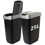 2friends Centi Mülleimer 2 Abfalleimer mit Schwingdeckel, Mülleimer Küche, Mülltonne mit Deckel, Farbe: schwarz/silber, 33Lx25B x48H cm 25L - 2 Fächer, Tonne