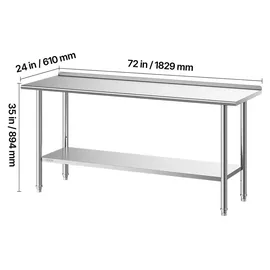 Vevor Edelstahltisch Gastro 1829 x 610 x 894 mm, Verstellbarer Edelstahltisch mit Aufkantung, Arbeitstisch mit Grundboden für Restaurant Schwerlast Obere Ablage (263 kg) Untere Ablage (218 kg)