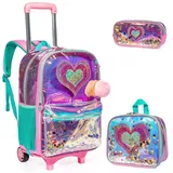 Egchescebo Rucksack Mädchen Schulranzen Trolley Schulrucksack Teenager 5PCS 16” Kinder Schultrolley Geeignet für Schule und Reise,Abnehmbarer rosafarbener Panda-Trolley-Rucksack (Pink-Aixin)