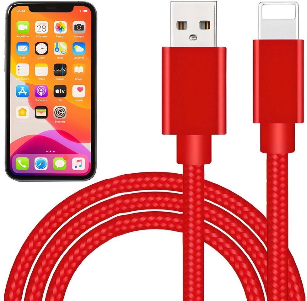 Retoo USB Ladekabel für Netzteil iPhone 7 8 11 Pro Max 12 13 X Xs Xr Smartphone-Kabel, Lightning, USB Typ A, 1m Kabellänge, Nylongeflecht, Quick-Charge-Funktion, Geld sparen rot