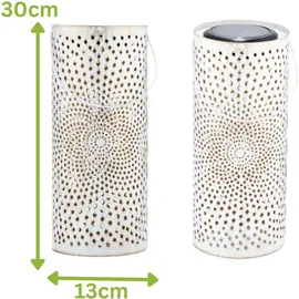 Marrakesch Orient & Mediterran Interior Marrakesch 2er Set Solarlaternen Solarlampen für außen mit Henkel aus Metall 30cm Groß | Boho Deko Outdoor Solar LED Laterne Wetterfest Swann Weiss IP65 Wasserdicht als Gartendeko im Garten