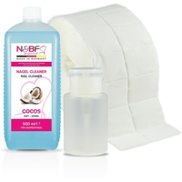 NAILS FACTORY | N&BF Nagel Cleaner Set mit Duft 500ml + Dispenser Pumpflasche Weiss 150ml + 1000 Zelletten Cellulose Pads (2 Rollen à 500 Stück) - 70% Isopropanol-Alkohol – Nagelreiniger (Kokosnuss)