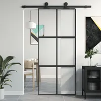 Homgoday Schiebetür Schwarz 90x205cm Gehärtetes Glas und Aluminium Schiebetür Scheunentür Schiebetür Home Indoor Baumaterial Typ7 Hardware