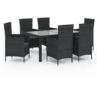 vidaXL Polyrattan Garten-Essgruppe 7-tlg. schwarz inkl. Auflagen   3094868