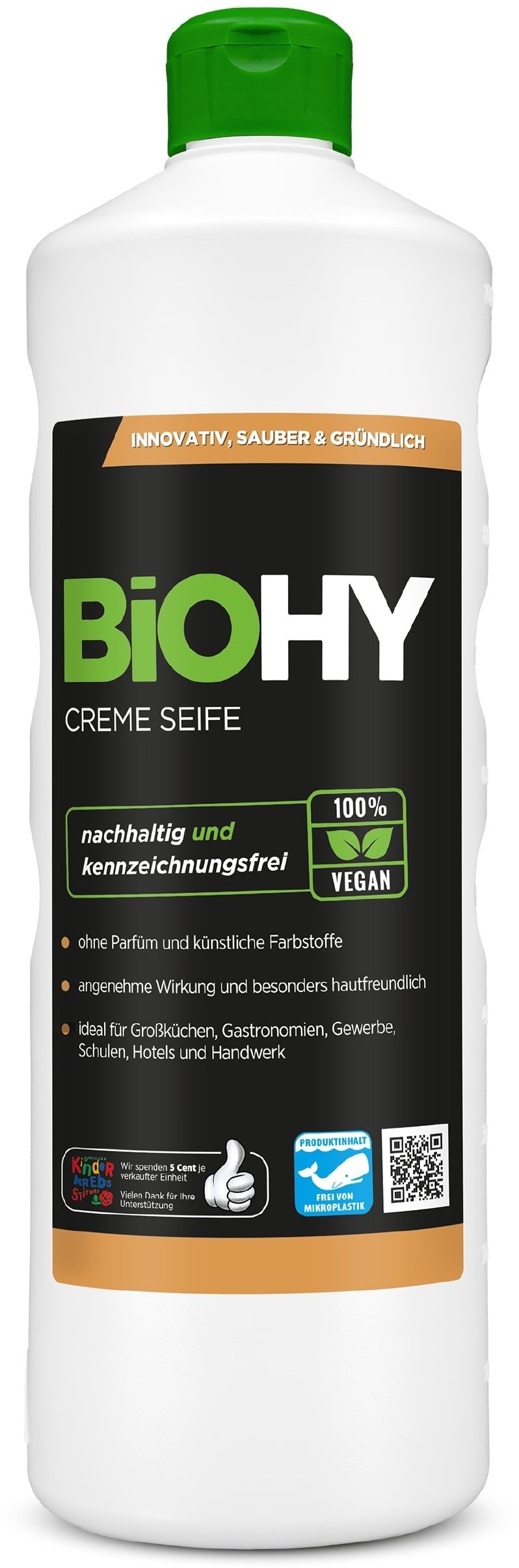 BiOHY Creme Seife, Hautfreundliche Waschlotion, Phosphatfreie Handseife, Rückfettende Seifencreme 1 x 1 Liter Flasche