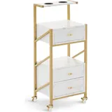 MCombo M MCombo Friseurwagen mit Rollen 3 Schubladen, Rollwagen Servierwagen Salon Trolley mit 2 Ablagen & 2 Föhnhalter, Moderner Arbeitswagen für Bad Weiß-gold,