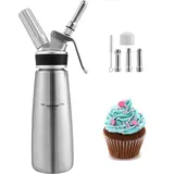 Lospitch Sahnespender Sahnesyphon Edelstahl, 0,5 L Schlagsahnebereiter mit 3 Edelstahl Deko-Düsen und 1 Reinigungbürste, Profi Schlagsahne Dispenser für Desserts Gebäck Sahne, Soßen und mehr