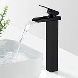Mattschwarzer Wasserfall-Badezimmer-Wasserhahn, hoher Wasserfall-Waschtischmischer, Waschtisch-Wasserhahn mit hohem Auslauf, quadratischer