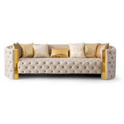 Casa Padrino Luxus Chesterfield 3er Sofa Creme / Gold 260 x 100 x H. 75 cm - Chesterfield Wohnzimmer Sofa - Wohnzimmer Möbel - Chesterfield Möbel - Luxus Möbel - Luxus Einrichtung - Möbel Luxus