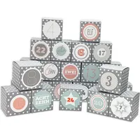 Frau WUNDERVoll® DIY Adventskalender Vorfreude zum Befüllen,24 Faltschachteln grau weiße Sterne 7x7x7cm (gefaltet), XL Ziffern pastell/Weihnachten, Aufkleber, Wü...