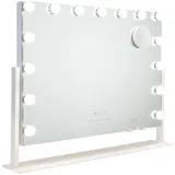 Flamingueo Schminkspiegel mit Beleuchtung - 15 LED - 3 Modi - Einstellbare Intensität - Touch Control - Wireless-Ladegerät für Mobiltelefone - Vergrößerungsspiegel Inklusive - Weiß - 64x12x54,5cm