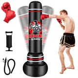 QAMIC Schwerer Boxsack Stehend Erwachsene, 180cm Standboxsack Erwachsenen mit Boxhandschuhen und Luftpumpe, 0,5 mm dickem PVC-Material Standboxsack für MMA Muay Thai Fitness Anfänger Training