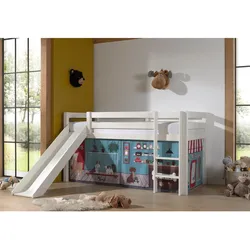 Halbhohes Bett PINO, mit Rutsche und Textilset "Pet Shop", Ausf. Kiefer massiv versch. Farben
