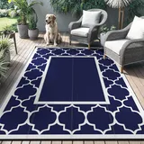 GENIMO Outdoor Teppich Wetterfest 275x365cm, Waschbarer Picknickdecke Wendbar UV-bestandig Carpet Camping Teppich, Außenteppich für Wohnmobil, Deck, Hinterhof, Garten, Balkon, Pool, Blau & Weiß