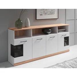 Home Affaire Sideboard HOME AFFAIRE "RIBE20 Fronten massiv,Korpus Melamin, 2 Türen mit Glaseinsatz", weiß (weiß, kernbuche), B:180cm H:80cm T:35cm, FSC-zertifizierter Holzwerkstoff, Massivholz, Sideboards, Sideboard, Oberplatte Massivholz,schwarze Metall Griffe,2