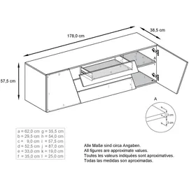Vladon Sideboard 178 x 57,5 x 38,5 cm Weiß matt/Weiß Hochglanz/Eiche Natur