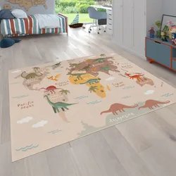 Kinderteppich PACO HOME "Bino 583" Teppiche Gr. B: 200cm, 4mm, L: 200cm, beige Kinder Spielteppich, Motiv Weltkarte & Dinosaurier, Kinderzimmer