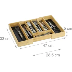 Relaxdays Besteckkasten, ausziehbar, 5 bis 7 Fächer, Schubladen Organizer, Bambus & MDF, Besteckschublade, natur/schwarz
