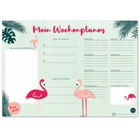 TYSK Design Schreibtischunterlage Flamingo grün 2er Pack (Design wählbar) Tischunterlage aus Papier zum Abreißen DIN A3 to Do Liste Notizblock Wochenplaner