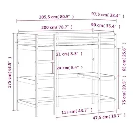 vidaXL Hochbett mit Schreibtisch 90x200 cm Massivholz Kiefer