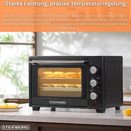 Steinborg Minibackofen 25 Liter | Pizzaofen | 3 in 1 Backofen | Backofen mit Umluft Schwarz