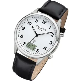 REGENT Herren-Armbanduhr Funkuhr Edelstahl analog-digital Quarz Lederband schwarz BA-446 - Weiß