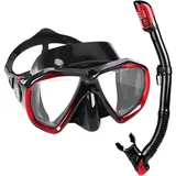 Taucherbrille für Erwachsene mit Anti-Nebel Schnorchelmaske, Schwimmmaske gehärtetem Glas und Nasenabdeckung zum Schnorcheln und Schwimmen (B-Rot Satz)