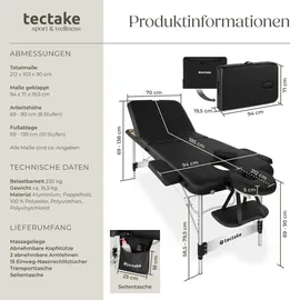 Tectake tectake® Massageliege, Breite 70 cm, Polsterung 5 cm, mit Aluminiumgestell, 212 x 103 x 90 cm