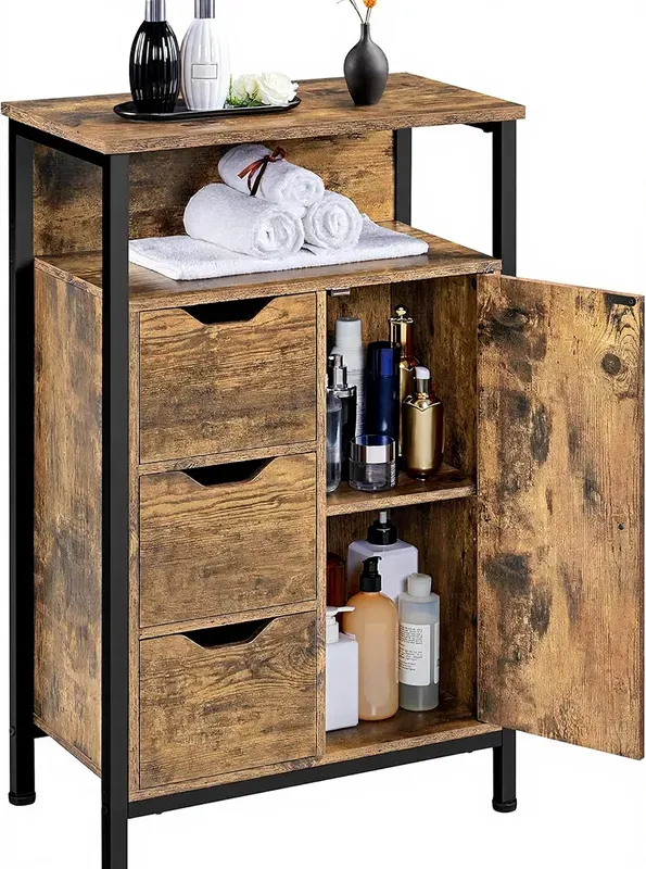 Yaheetech Badezimmerschrank mit 3 Schubladen und Tür, rustikal, mit verstellbarer Ablage, für Badezimmer/Wohnzimmer/Flur/Küche, 55,5 x 30 x 86,5 cm