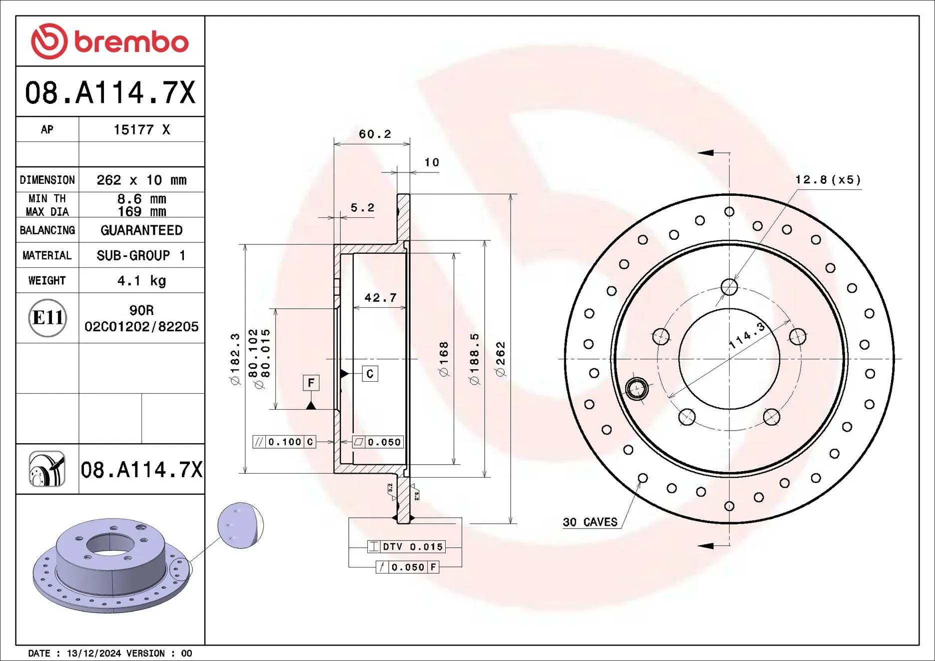 BREMBO Bremsscheibe 08a1147x Gelocht 262mm 10mm für MITSUBISHI PROTON