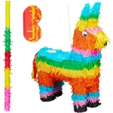 3 tlg. Pinata Set Lama, Pinatastab mit Augenmaske, Piniata für Kinder, Stock & Augenbinde, Esel Piñata ungefüllt, bunt