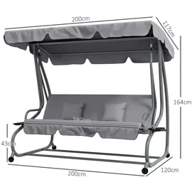 Outsunny Hollywoodschaukel mit Liegefunktion, 3-Sitzer Gartenschaukel mit Verstellbarem Dach, Beistelltisch, wasserabweisender Schaukelbank belastbar bis 340kg, für Garten, 200x120x164cm, Hellgrau