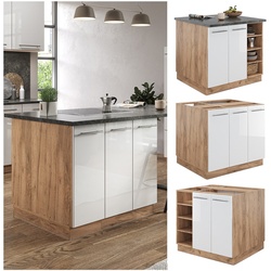 Vicco Kücheninsel Küchenblock Einbauküche Fame-Line Eiche Weiß 90 cm modern Hochglanz Küchen Schränke Regalunterschrank Küchenunterschrank Regalinselunterschrank Softclose-Scharnier Küchenmöbel